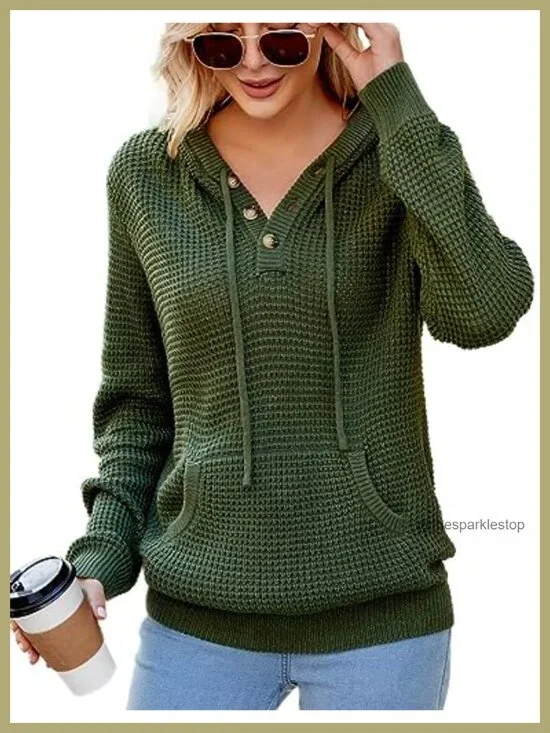 Waffle Knit Pullover Sweater Hoodie with Kangaroo Pocket Long Sleeve