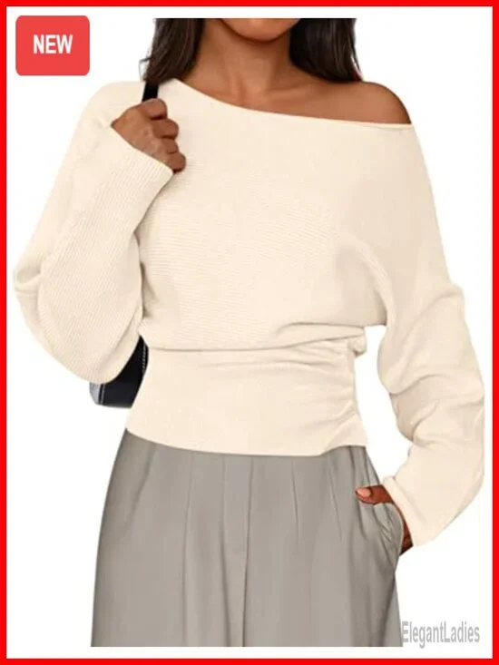 Off Shoulder Ribbed Knit Sweater Pullover Batwing Sleeve Cinched Waist Fall