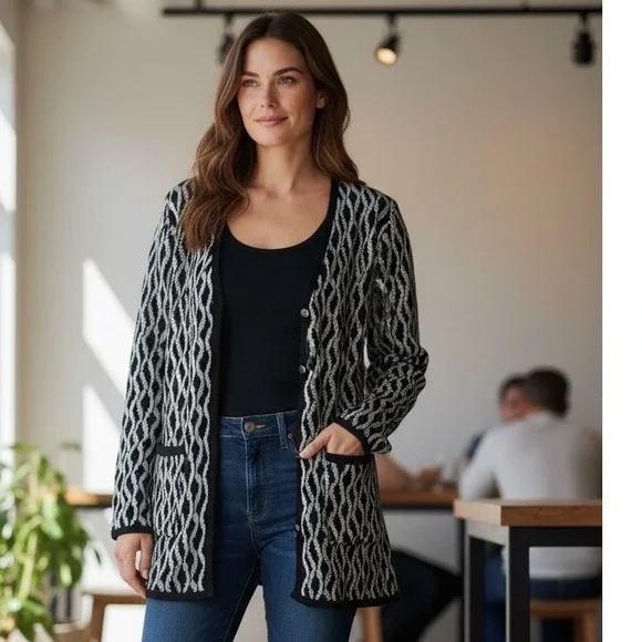 St John‎ Knit Cardigan Sweater Blue Black Geometric Old Money Vintage Size 6