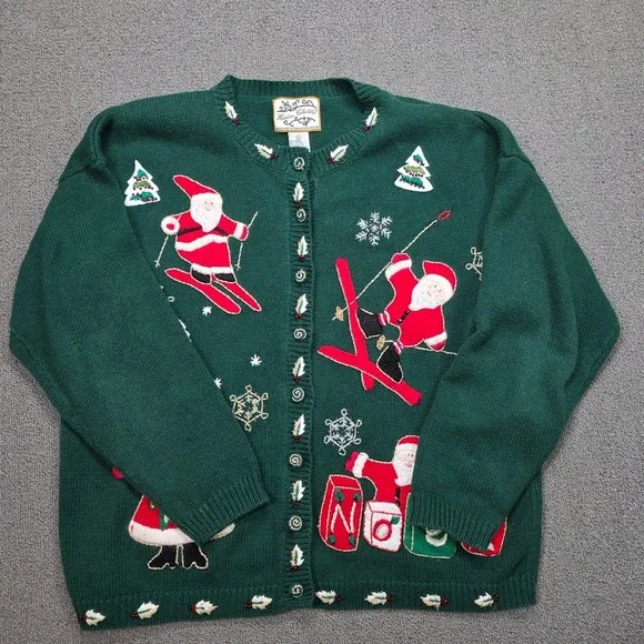 Heirloom Collectibles Vintage 2001 Christmas Cardigan Green Skiing‎ Santa Large