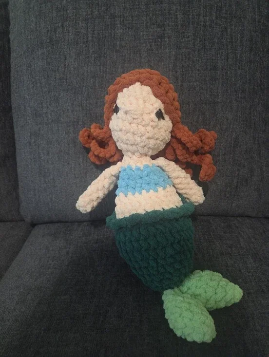 Plush Crochet Mermaid Doll - Green Tail, Blue Top