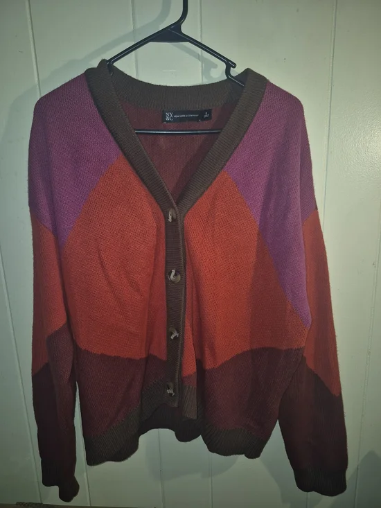 New York & Company Colorblock Button-Front Cardigan - Red, Purple & Brown