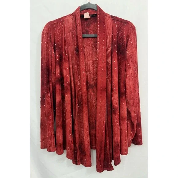 VTG Only Nine Red Tie Dye Sequin‎ Embroidered Flowy Open Cardigan Size 2X Boho