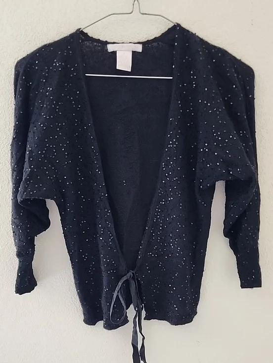 Rebecca Taylor Cashmere Sequined Silk Tie-Front V neck Cardigan Sweater Sz Small