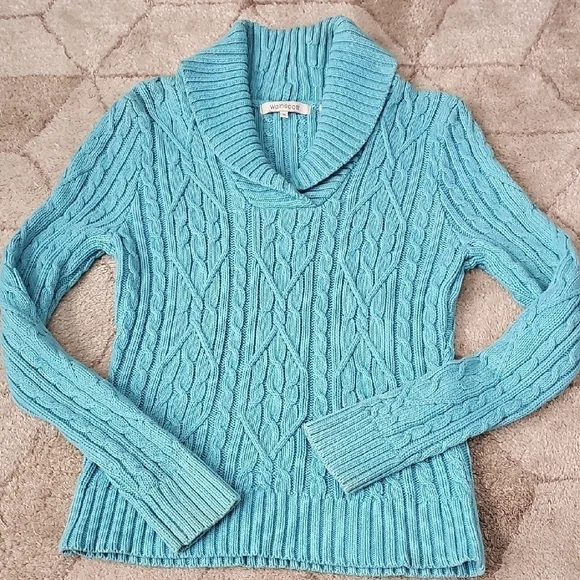Blue Cowl Neck Cable Knit Sweater