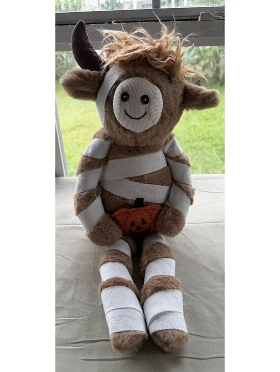 Halloween Mummy Highland Cow With Pumpkin, 10” Tall