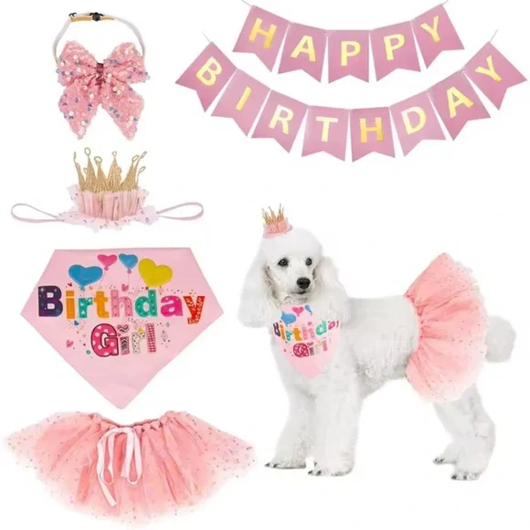 ADOGGYGO Pink Happy Birthday Dog Set Bandana Tutu Bow‎ Tie