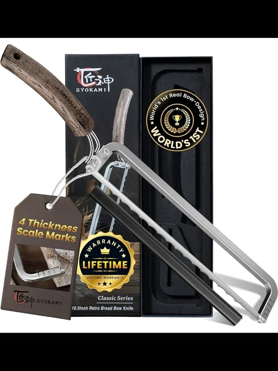 Left Handed Bread Knife Bow Design Razor Sharp 4 Scale Marks Sourdough Baguettes