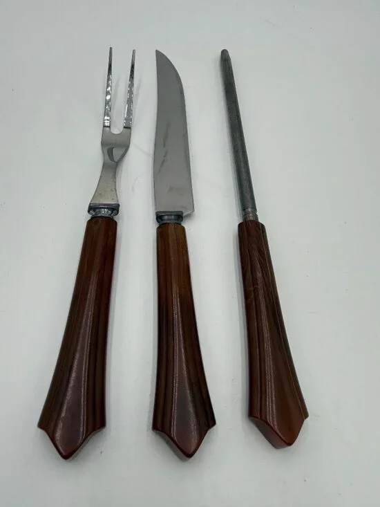 Vintage 3-Piece Carving Set Bakelite Handles Stainless Steel Fork Knife Sharpeni