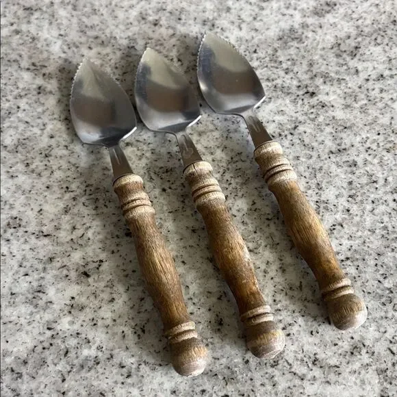 Vintage Serrated Grapefruit Spoon Wooden Handles Primitive Set of 3