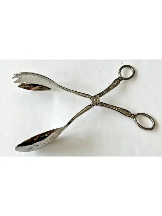 Vintage Italian Scissor Tongs Silverplate Fork and Spoon shape Fruit design 2202