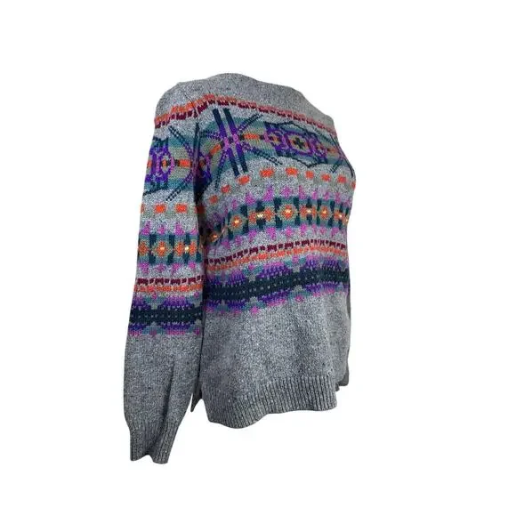 Chaps Fair Isle Sweater Women M P Grey‎ Knit Y2K Geometric Vintage