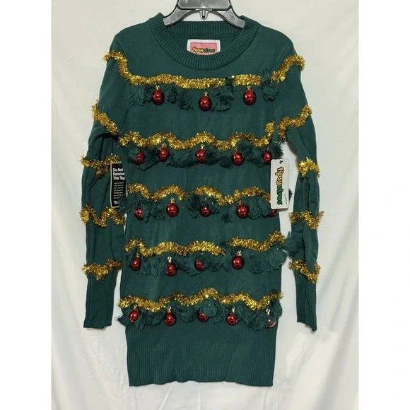 Tipsy Elves Christmas Sweater Dress XS Tinsel Tree Ugly‎ Holiday Dress