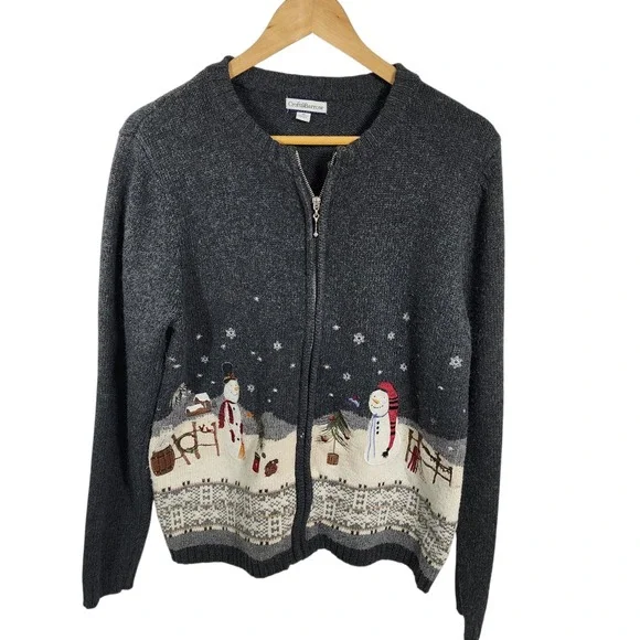Croft & Barrow Womens Christmas Sweater‎ Cardigan Snowman Scene
