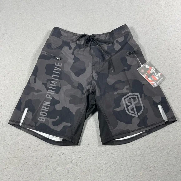 Born Primitive Training Shorts Men 27/28 Black Camo‎ Performance Stretch Zip