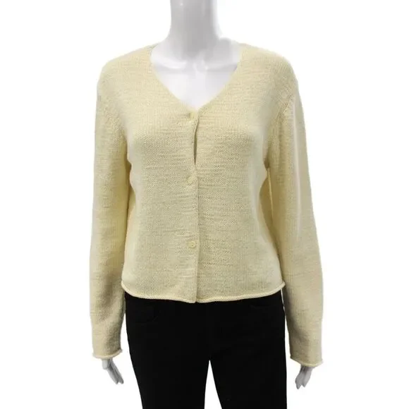 Eileen Fisher Unisex Beige V-Neck Long Sleeve Button Cardigan Size M
