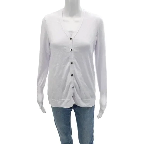 Renuar Women Cardigan Vest White V Neck Button Long Sleeve Size S