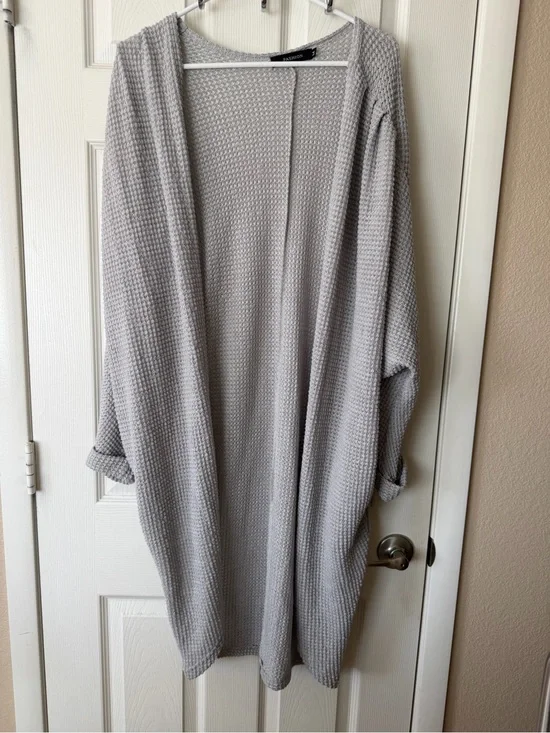 Light Gray Open-Front Waffle Knit Women's Cardigan