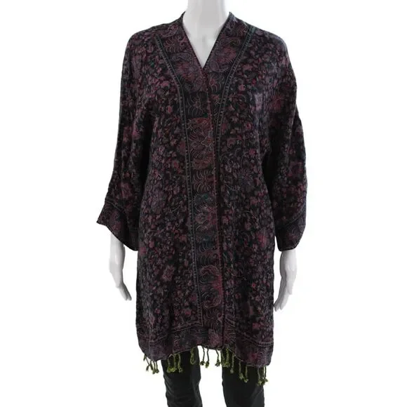 Soft Surroundings Womens Cardigan V-Neck Paisley 3/4 Sleeve Black Size XL