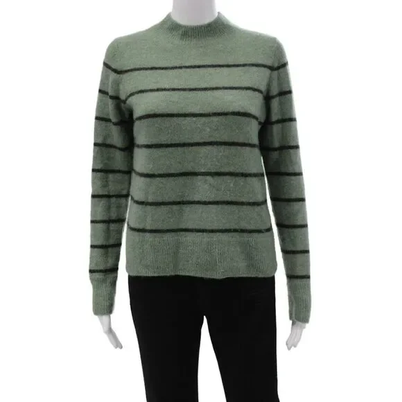 Vince Womens Pullover Sweater Striped Green Mock Neck Alpaca Long Sleeve Size S