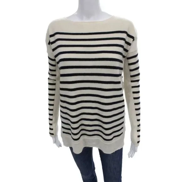 Vince Womens Ivory Striped Cashmere Pullover Boat Neck Nautical Size XS