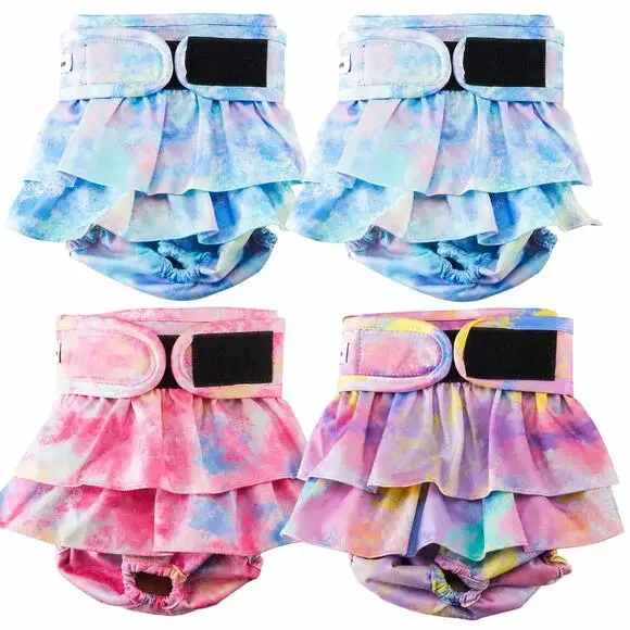 Cute Tie-Dye Dog Diapers for Girls – Ruffle Skirt, Tail Hole, Set of 4