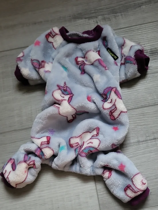 Cozy Unicorn Fleece Dog Pajamas - Light Blue with Purple Trim