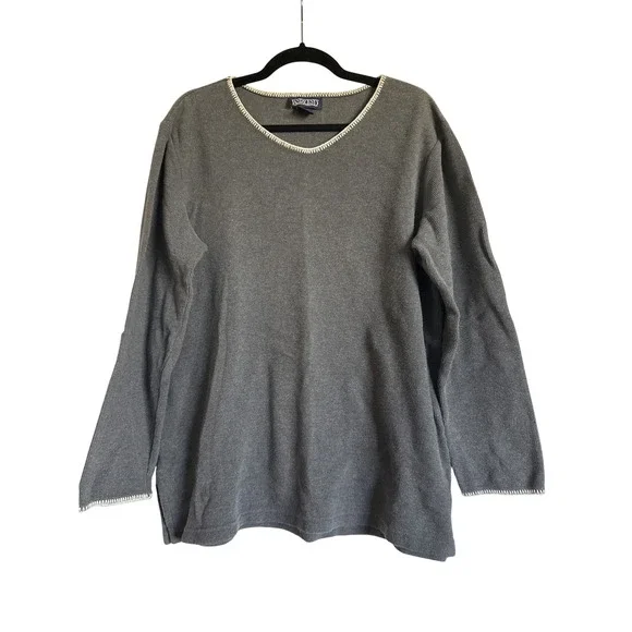 Lands End Womens Gray V Neck Long Sleeve Knit Sweater Top Size L‎ 14-16 Cotton