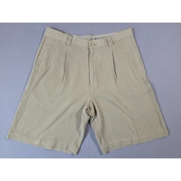 Tommy Bahama Shorts Mens 32 Beige 100% Silk Pleated Dress Tropical Old Money