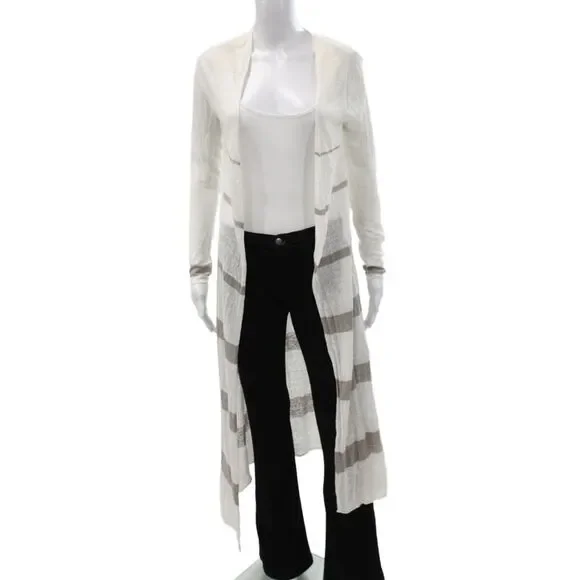 Cabi Women Ivory Linen Striped V-Neck Cardigan Long Sleeve Size XS