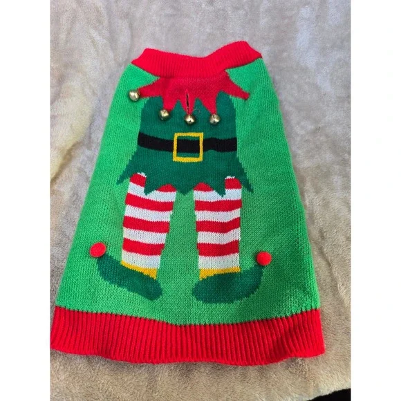 Pet Holiday Collection Elf Dog Sweater Green Red Christmas Jingle Bells Medium