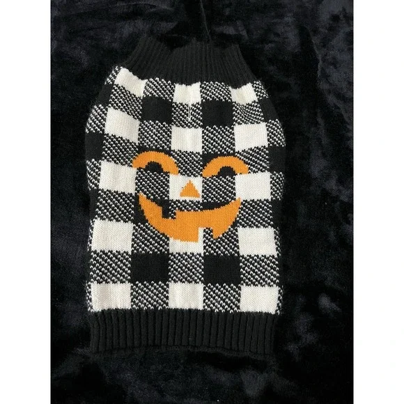 Halloween Cat‎ Dog Pet Clothing  Black White Plaid Jack-O-Lantern Sweater Size L