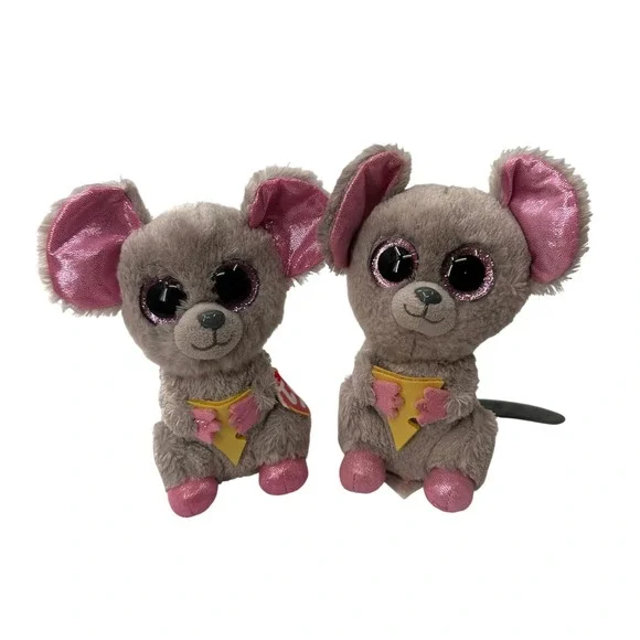 Ty Beanie Boos Squeaker Mouse Plush Lot 2 Grey Pink Cheese Stuffed Animal 6 in