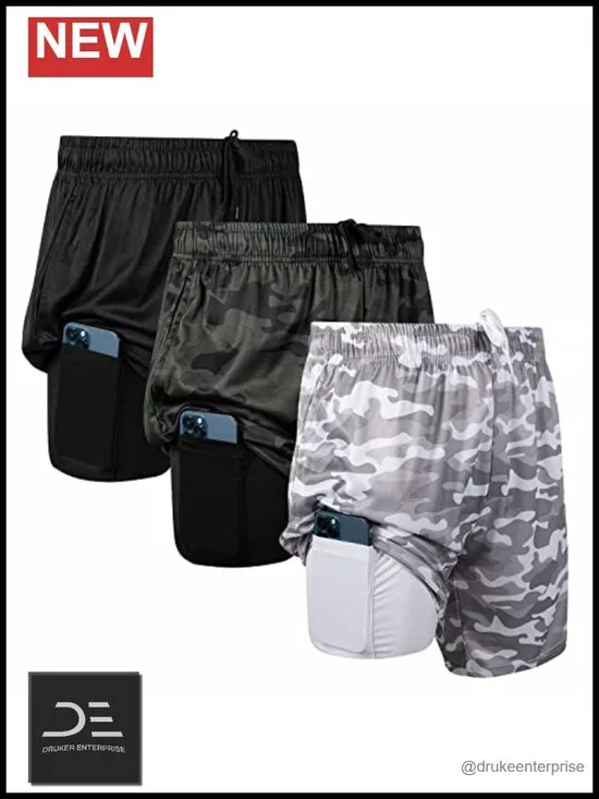 Men's 2-in-1 Compression Shorts with Liner Phone Pocket - Quick-Dry Athletic