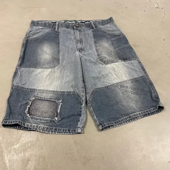 Baggy Y2K patchwork repaired pelle pelle jean shorts 40