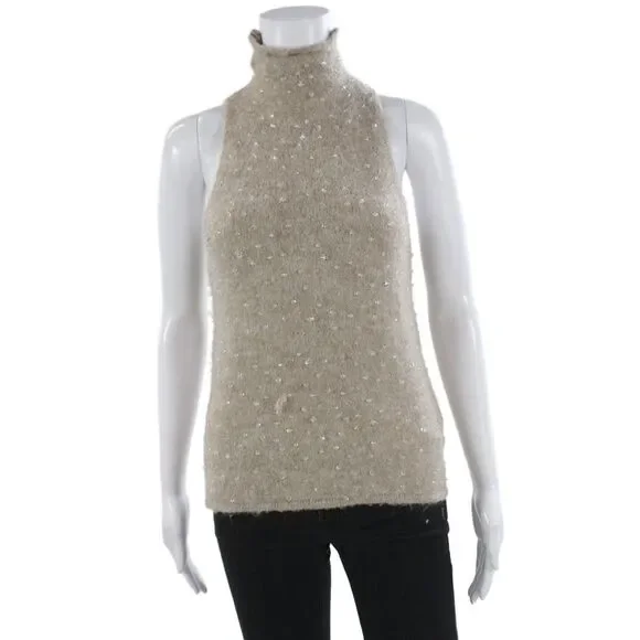 Zara Women Beige Mock Neck Sleeveless Pullover Sweater Classic Size M