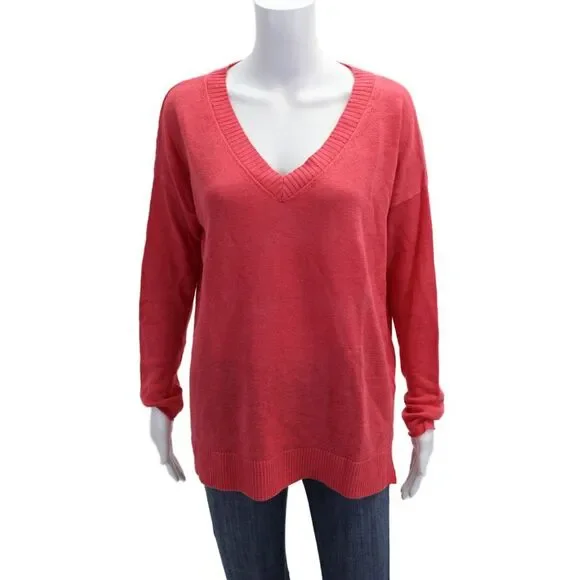 Eileen Fisher Women Red Organic Linen V Neck Long Sleeve Pullover Size S