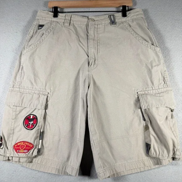 Jnco 85 Mens Khaki Cargo Shorts 36 Heavy Duty Twill Camo‎ Trim M2867CC Patches