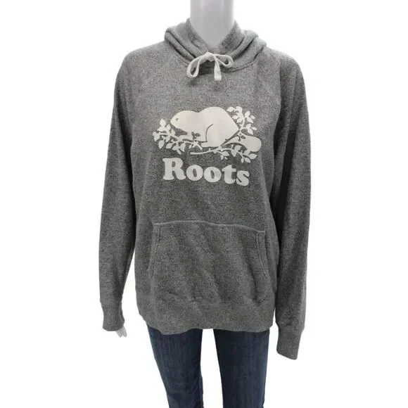 Roots Unisex Pullover Hoodie Gray Animal Graphic Drawstring Fall Size L