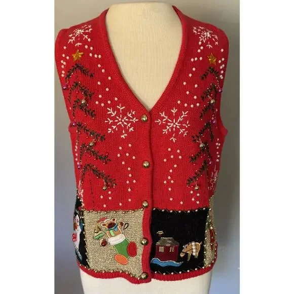 VTG Lisa International Sz PM Ugly Christmas Sweater Vest‎ Real Jingle Bells Snow