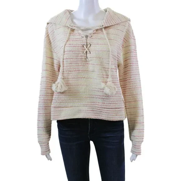 Something Navy Womens Textured Lace Up Hoodie Sweatshirt Cream Multi Size Small
