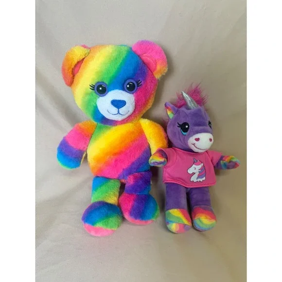 Build-A-Bear Workshop Rainbow Striped Bear and Purple Unicorn Plush Toy Set