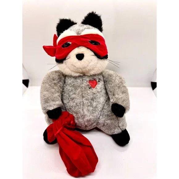 Vintage Hallmark Bandit Raccoon Plush Red Mask Heart Bag Grey Stuffed Animal‎ 9