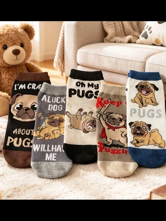 Cute Pug Dog Crew Socks - Assorted Colors SET OF 5