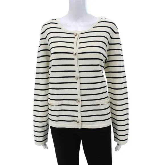 Renuar Womens Plus Cardigan Ivory Striped 65% Viscose Long Sleeve Size 2XL