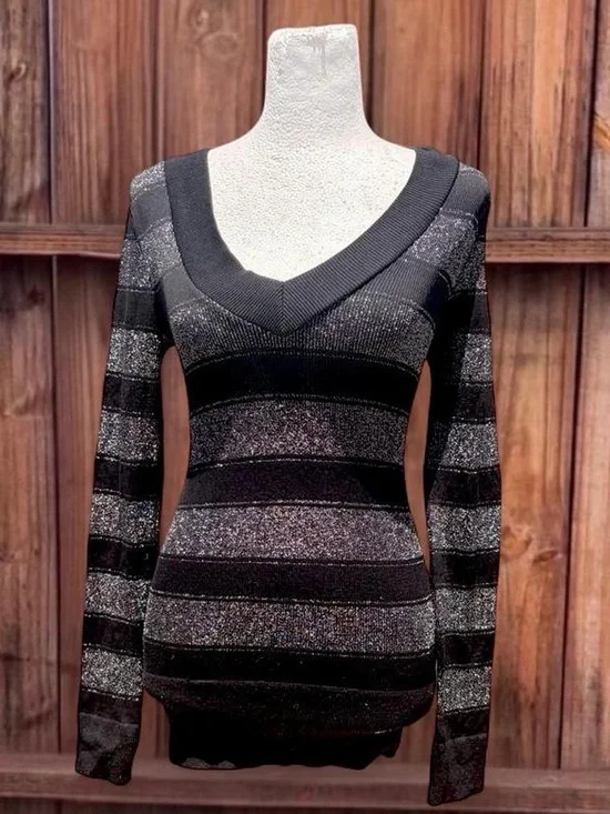 Y2K Black & Silver Striped V-Neck Sweater