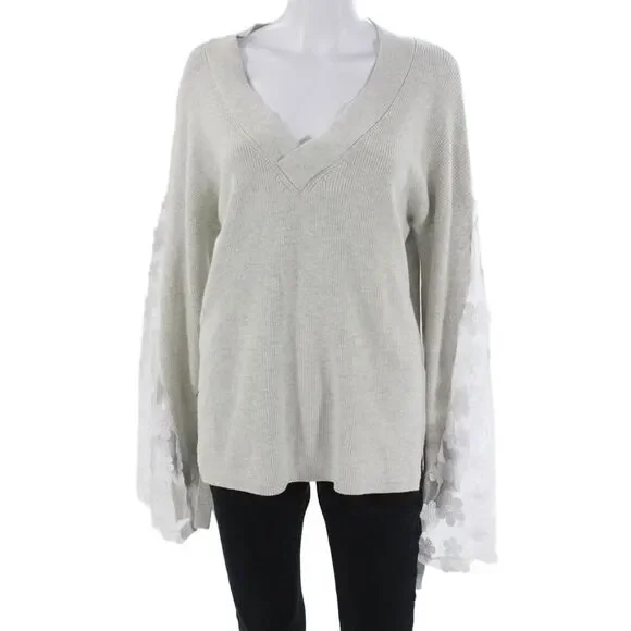 French Connection Unisex Pullover Gray Merino VNeck Floral Long Sleeve Size M