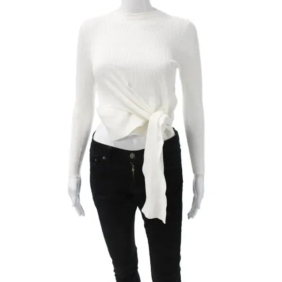 Zara Womens Cropped Viscose Blend Crew Neck Tie Sweater White Size M