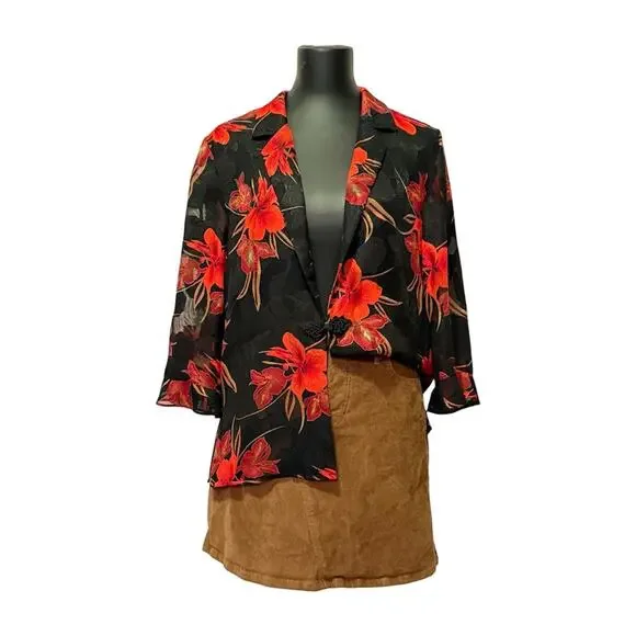 Vintage Koret Dress Sheer Floral Jacket Black Red Frog Closure, size12
