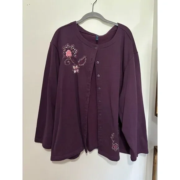 Vintage Falls Creek Embroidered Cardigan Burgundy Floral Button Front Plus 3X‎